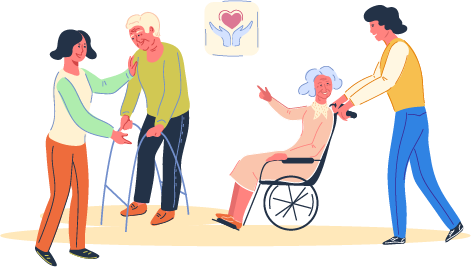 Volunteers or caregivers, nurses at  nursing home.  Elderly care services.
